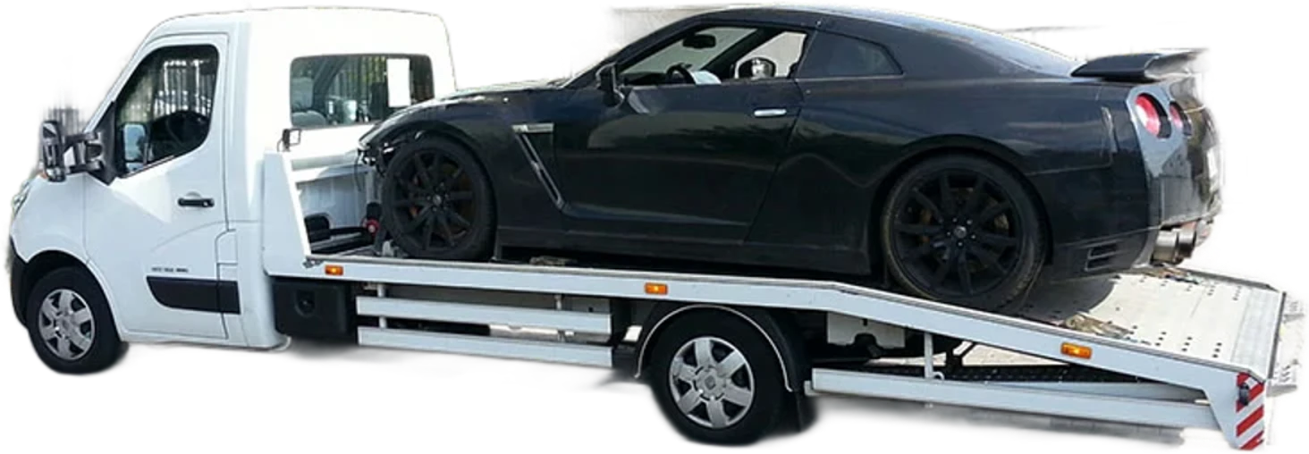 Autolaweta Compass z czarnym autem sportowym holowanie auta Warszawa