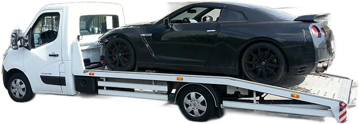 Autolaweta Compass z czarnym autem sportowym, holowanie auta Warszawa