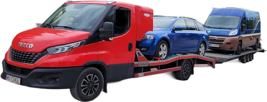 Holowanie busa, autolaweta Iveco z autem dostawczym