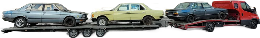 Sprowadzanie aut z zagranicy, klasyczne BMW i Mercedes W123 na autolawecie z lawetą w Grecji
